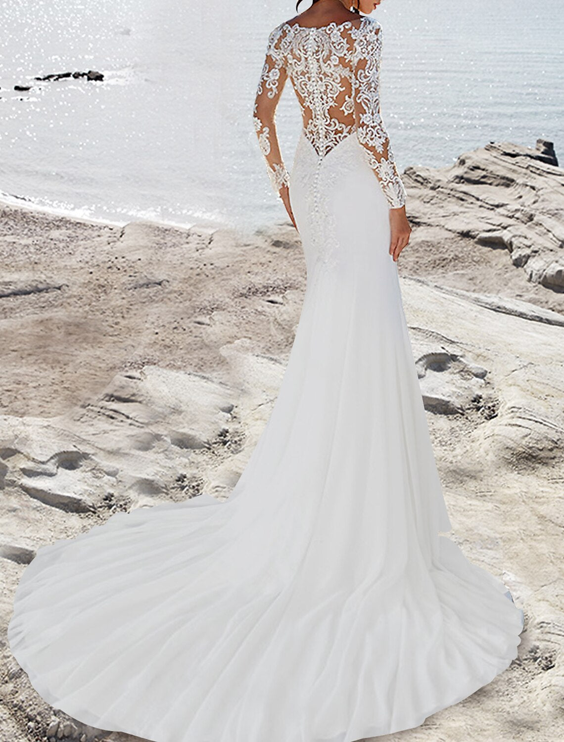 Wholesale Beach Formal Wedding Dresses Mermaid / Trumpet V Neck Long Sleeve Court Train Satin Bridal Gowns With Pleats Solid Color